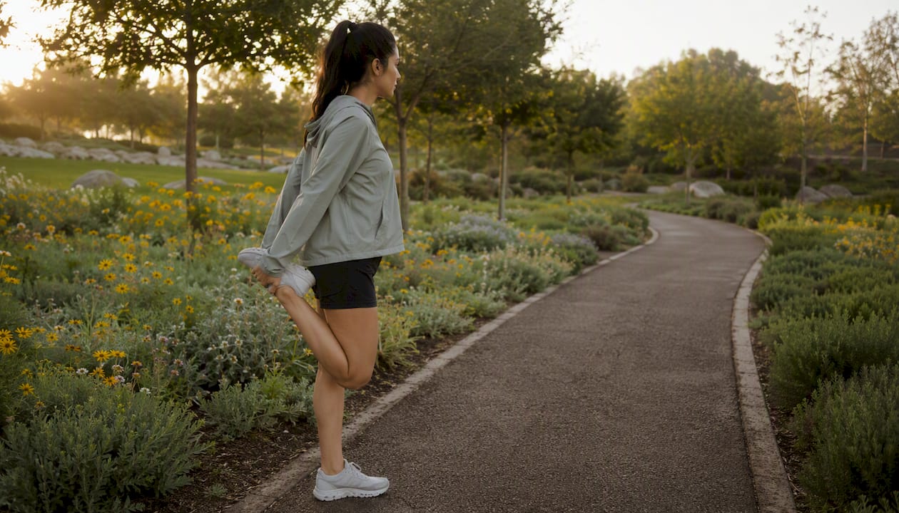 Runner doing calf stretch outdoors