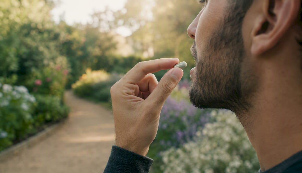 Runner hand holding supplement capsule outdoors