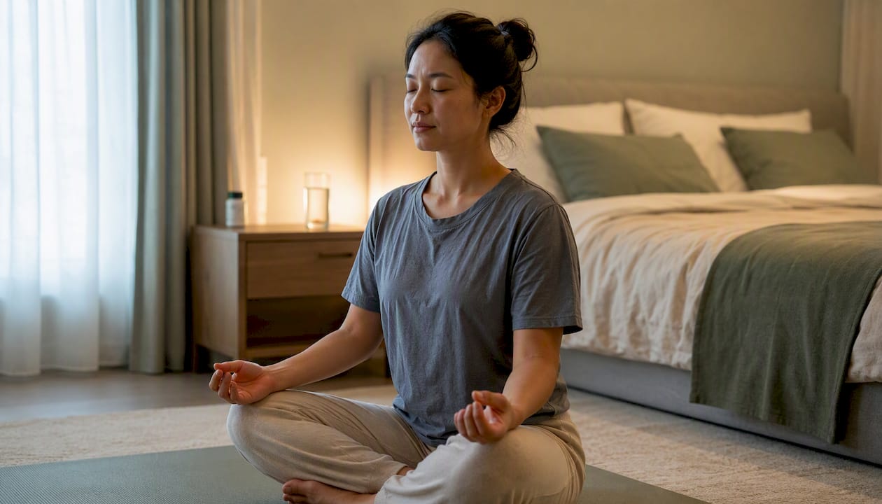 Person meditating with slow breathing before sleep