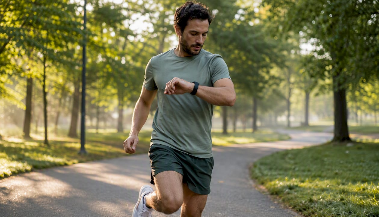 Runner glancing at HRV wristwatch during morning run