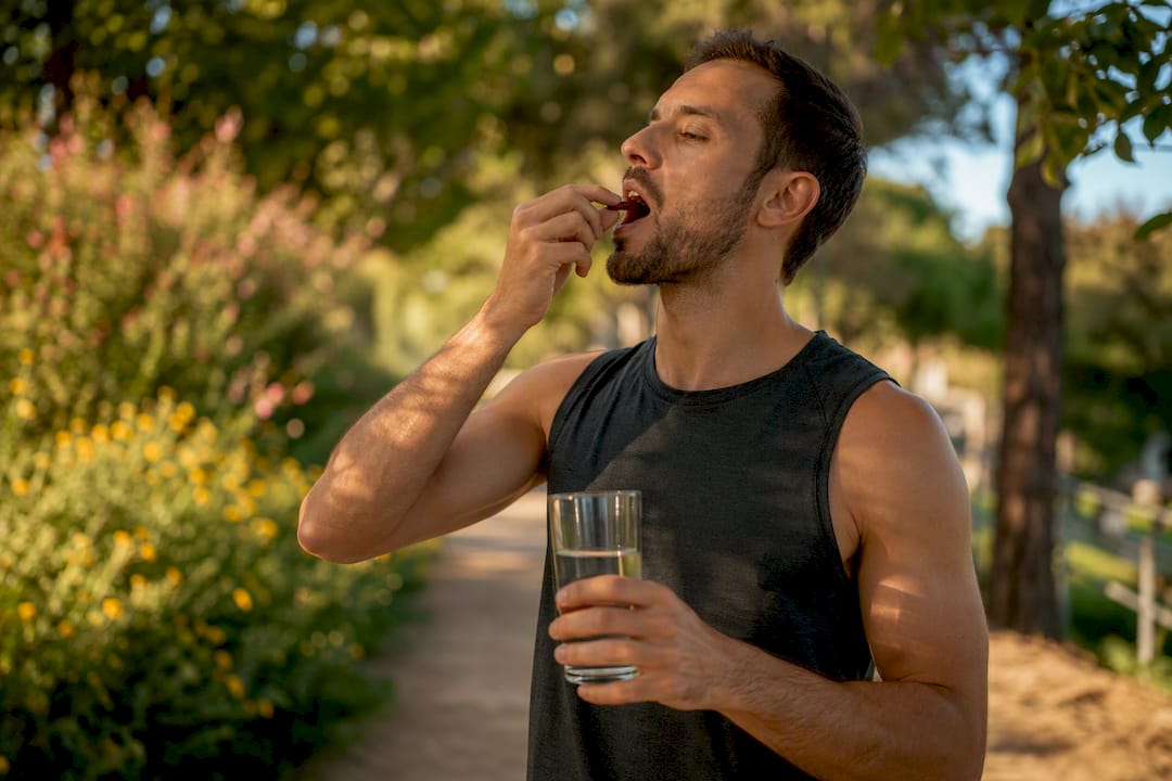 Adult taking magnesium supplement capsule with water