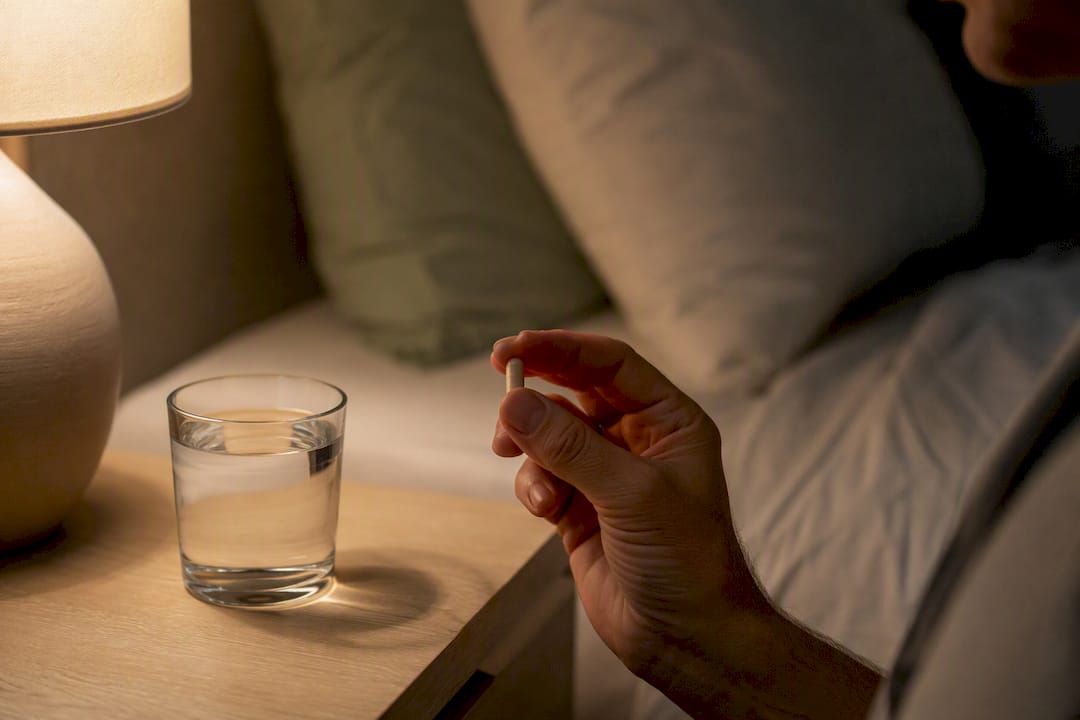 Runner’s hand taking magnesium capsule at night