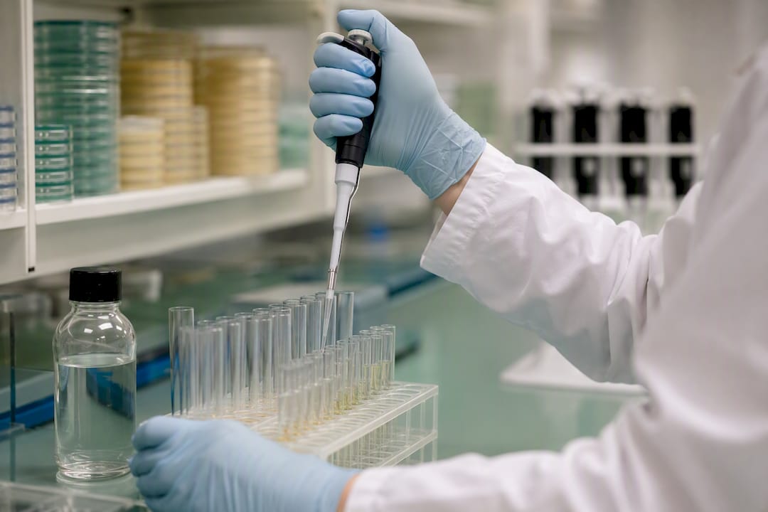 Gloved hands pipetting in lab assay