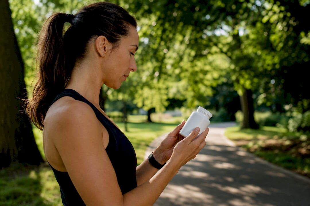 Runner examining supplement label in park