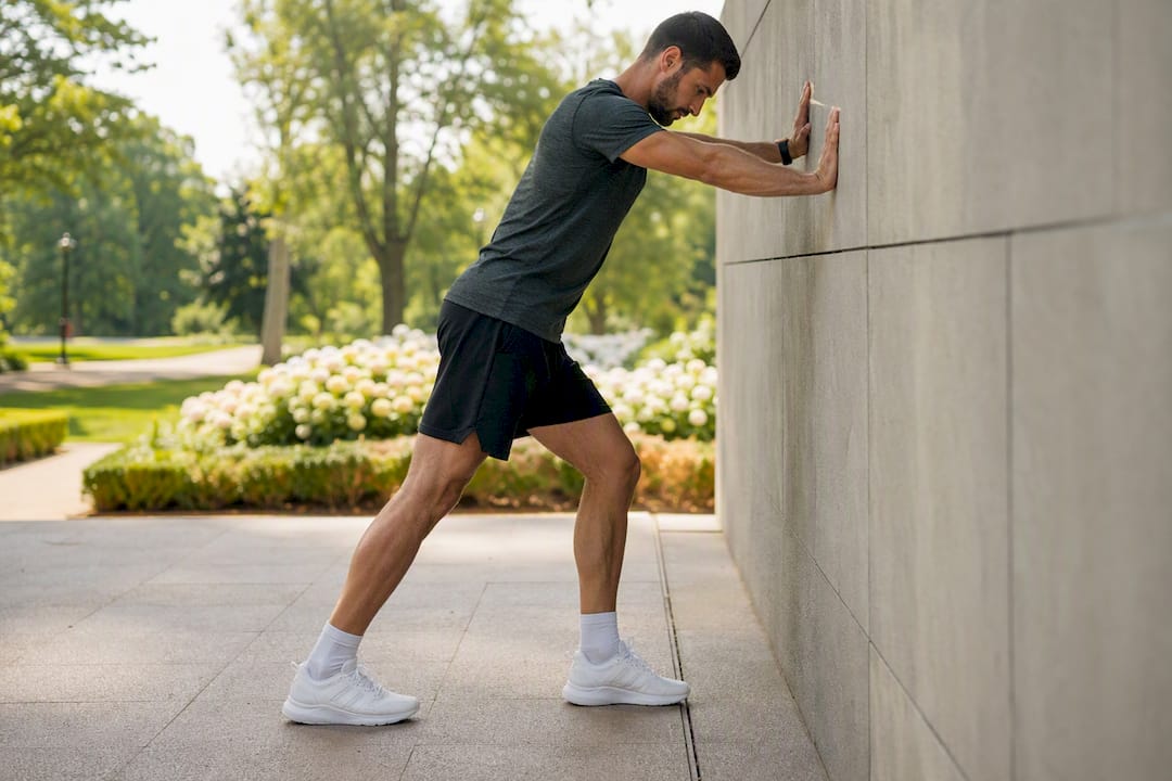 Runner stretching calves on bench