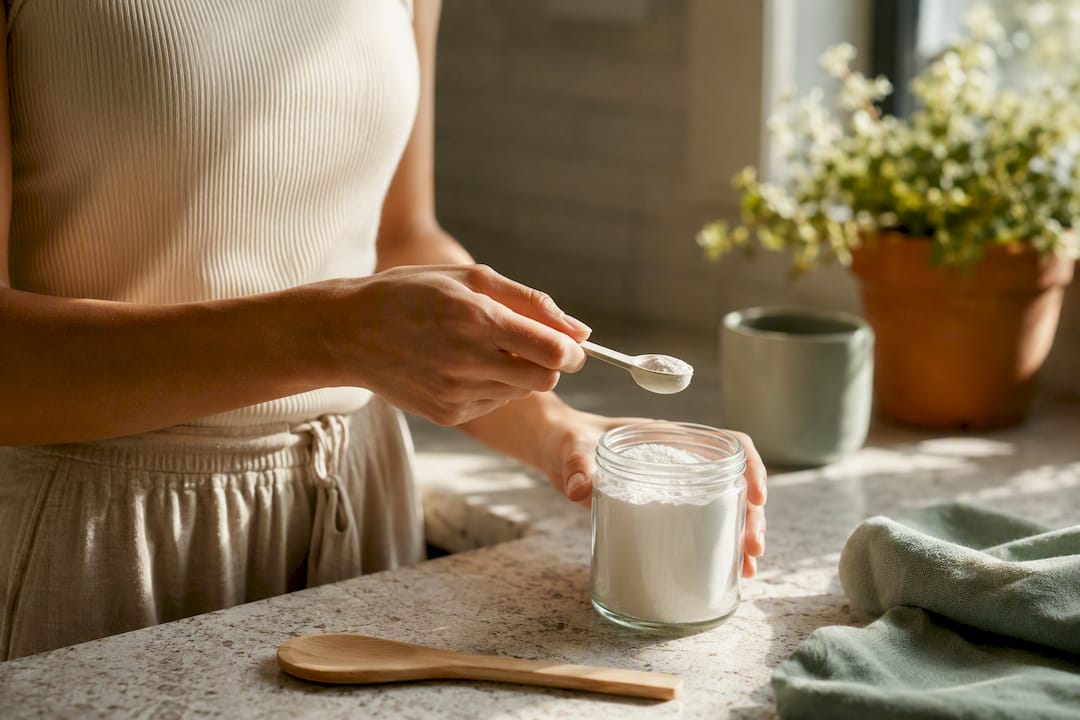 Hands measuring supplement powders on scale