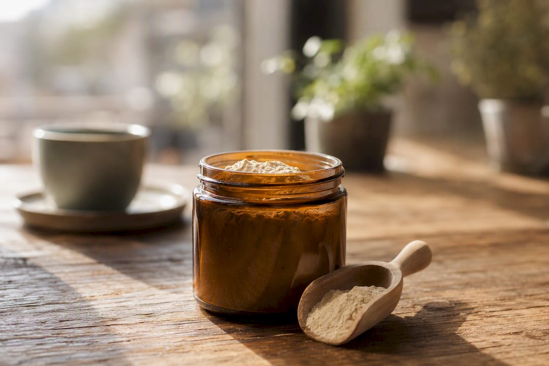 Magnesium supplement powder with wooden scoop