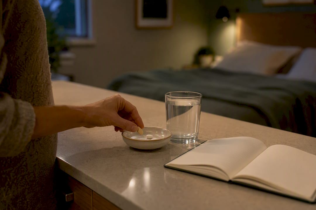 Bedside table with magnesium and zinc supplements and water