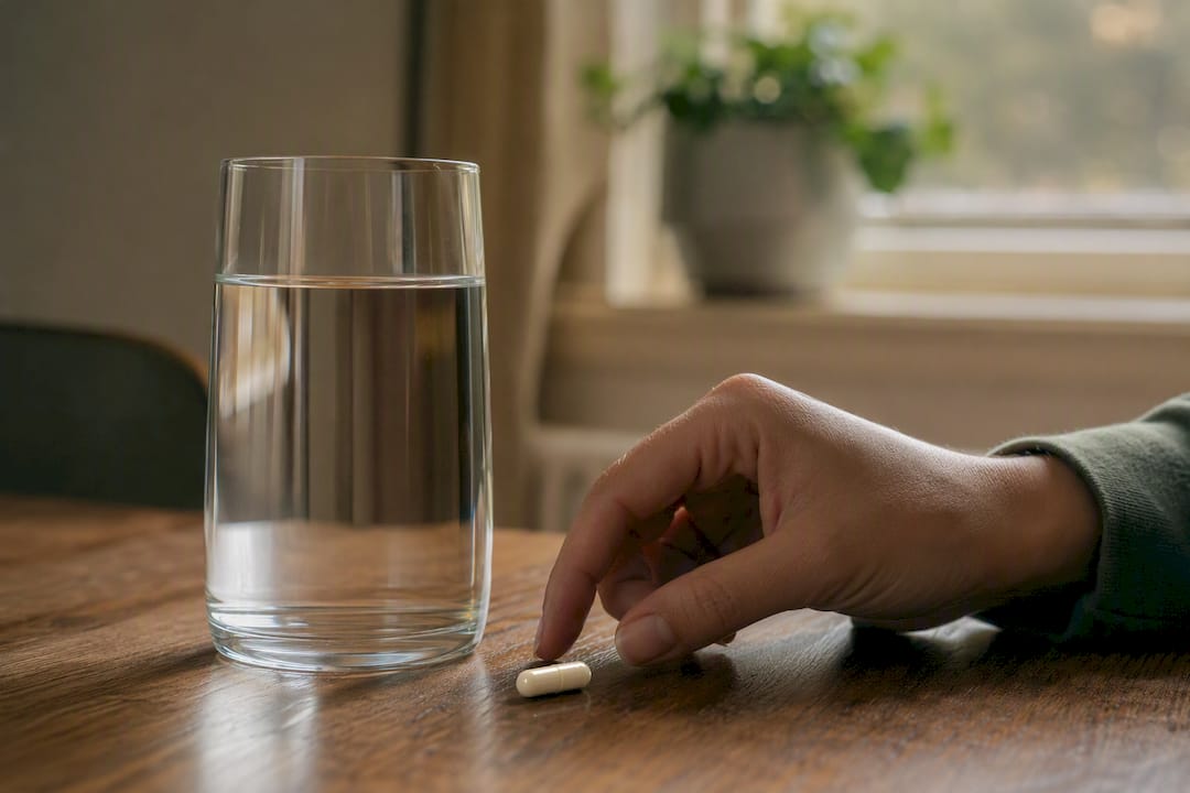Hand picking up magnesium citrate capsule in morning