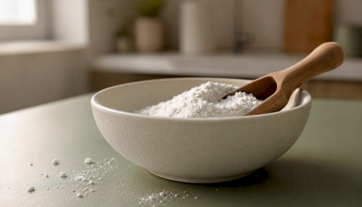 Magnesium bisglycinate powder in bowl with scoop