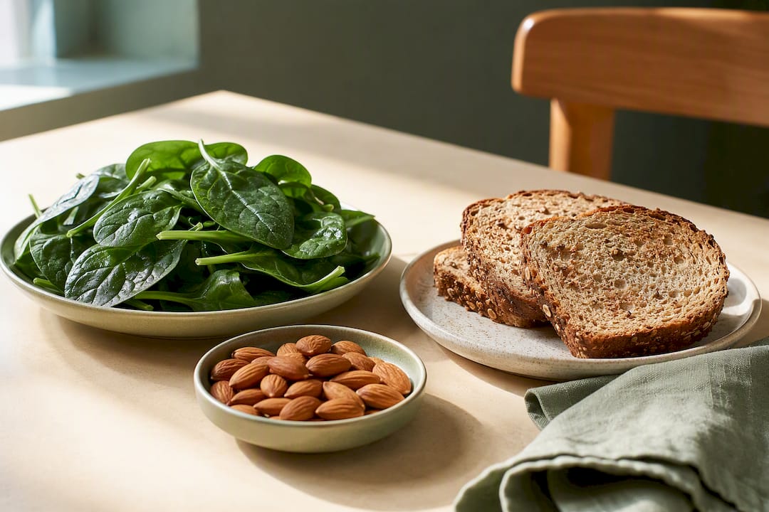 Spinach almonds and wholegrain toast