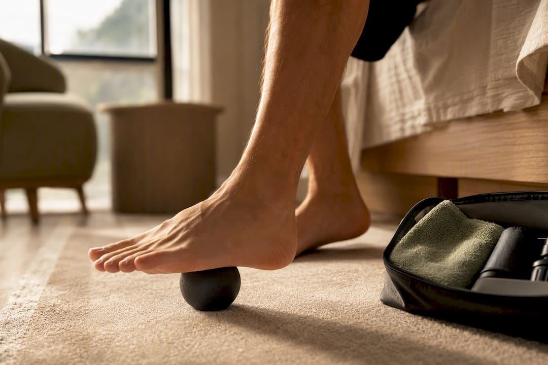 Runner using massage ball beneath foot