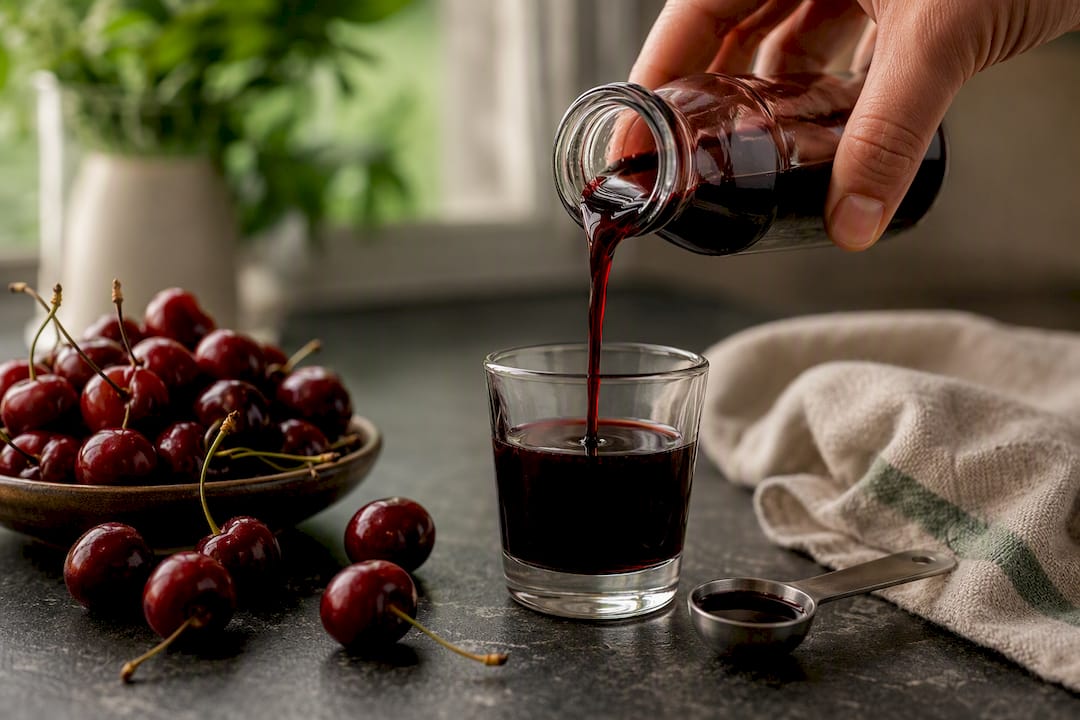 Tart cherries beside poured recovery concentrate