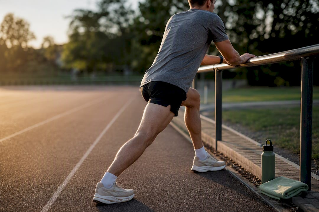 Runner stretching calf after a run