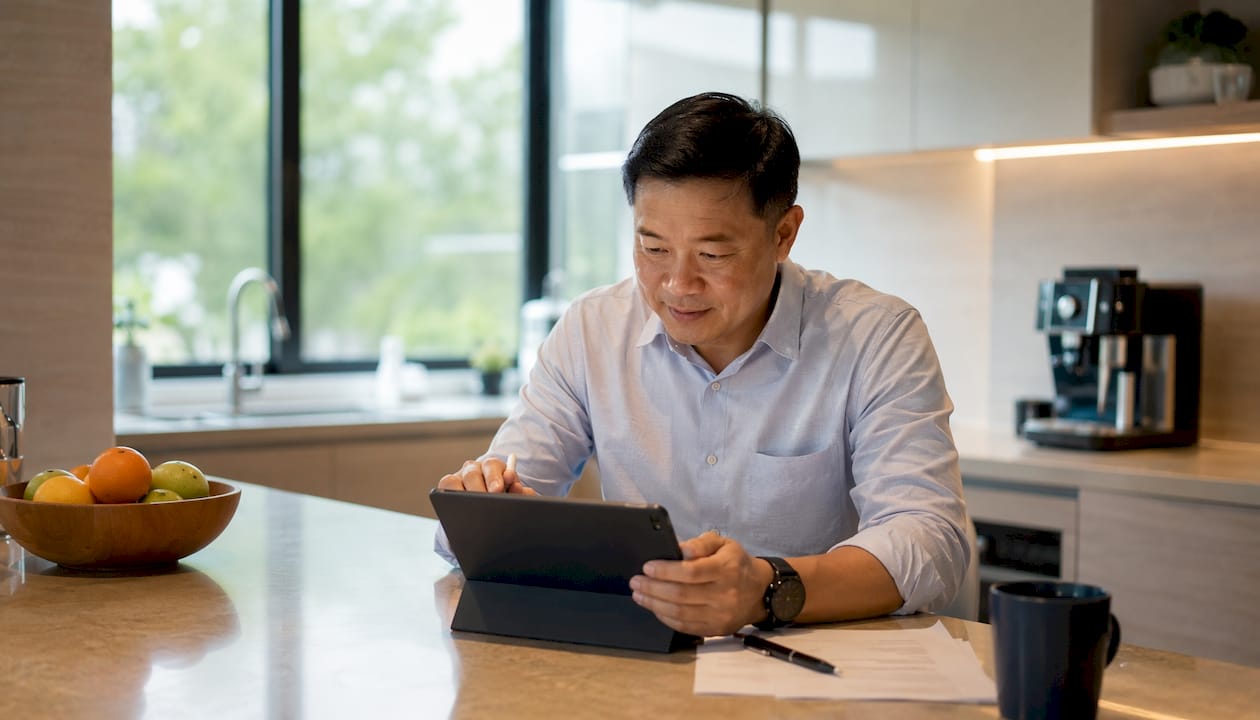 Man registering for RES exam at home desk