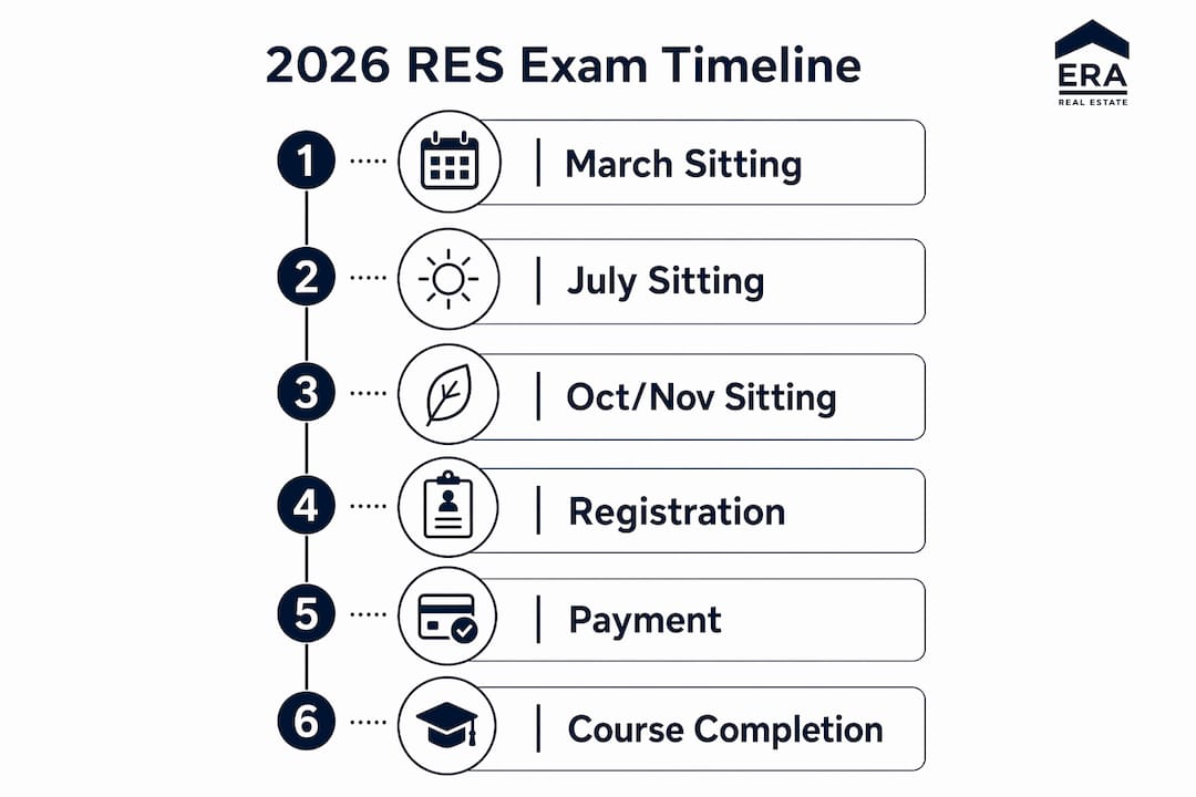 Infographic depicting 2026 RES exam timeline and steps