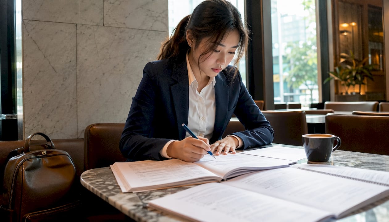 Woman studying RES exam materials in library