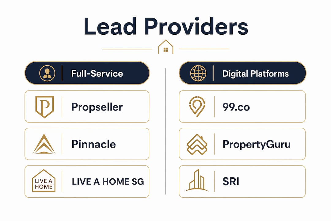 Infographic comparing full-service agencies and digital platforms for real estate leads in Singapore