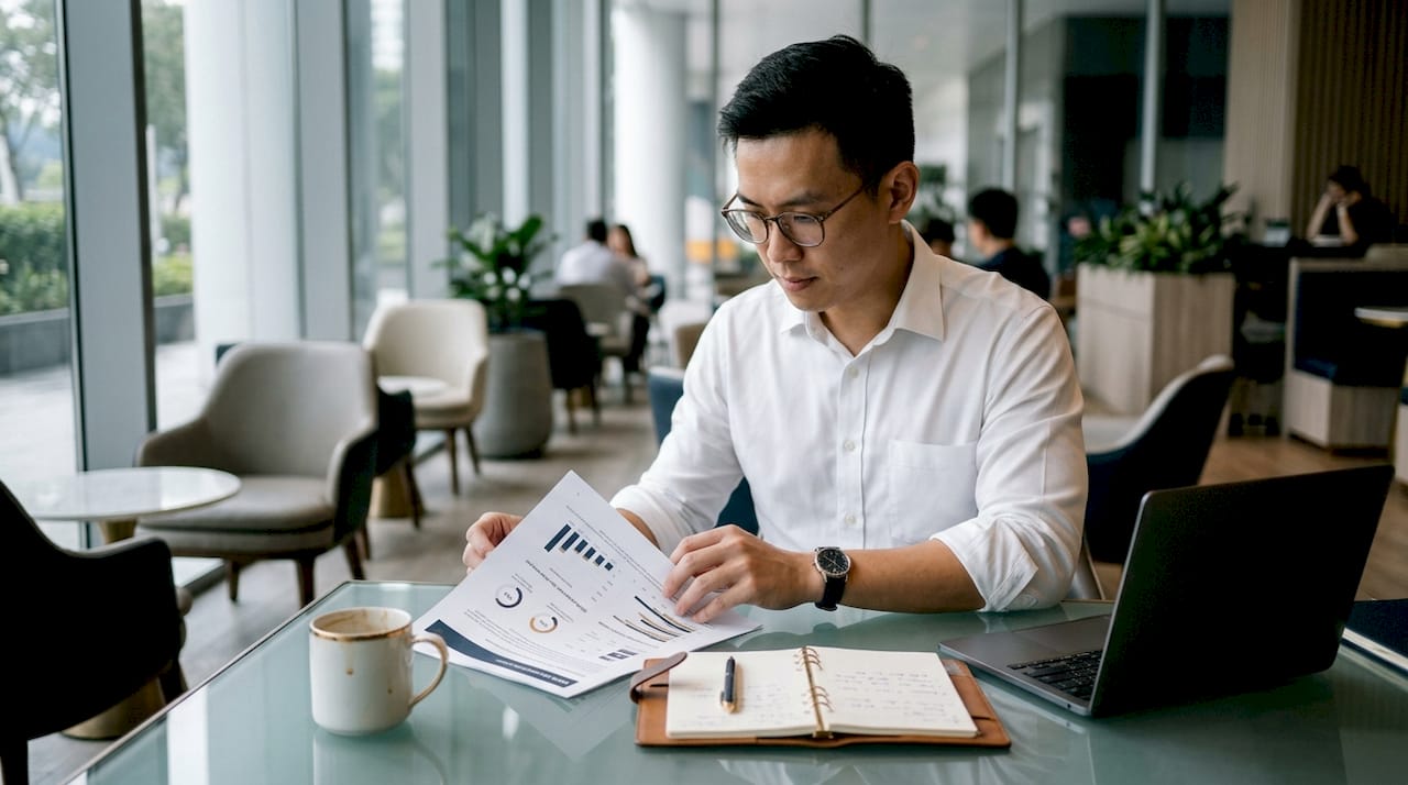 Professional reviewing business performance report
