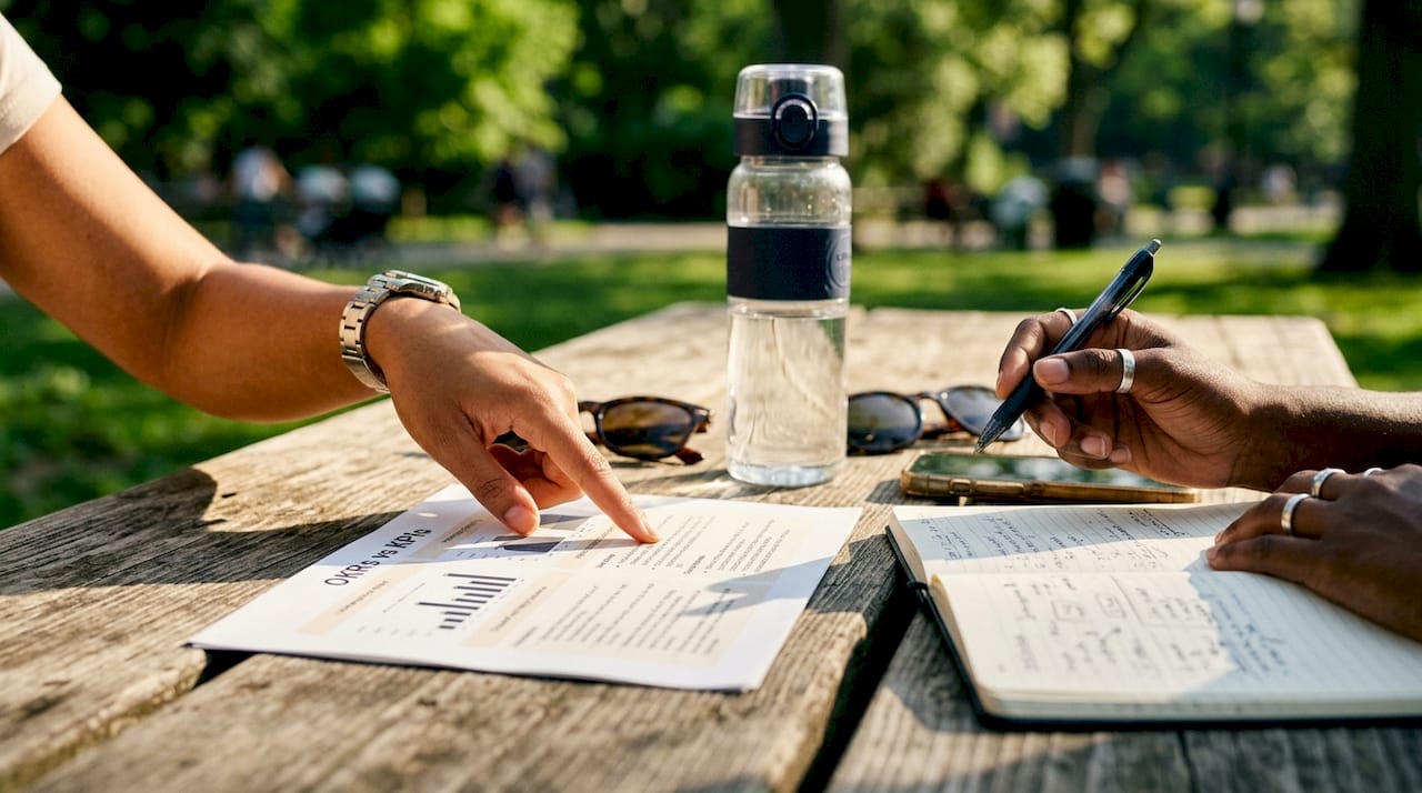 Hands pointing at KPI and OKR comparison charts