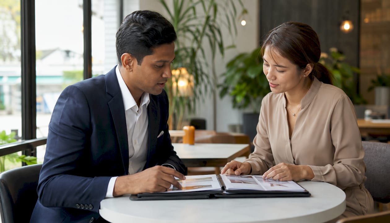 Hands exchanging business cards in office