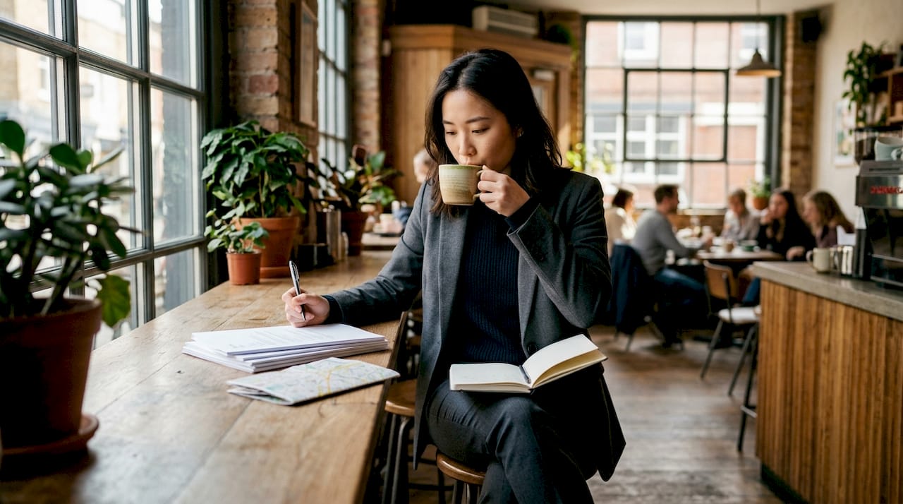 Woman reviewing property listings at café