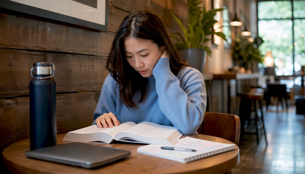 Woman studying RES exam guide at home