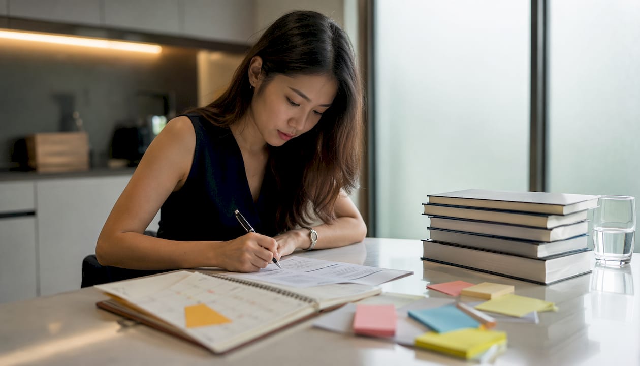 Woman applying for RES exam at home desk