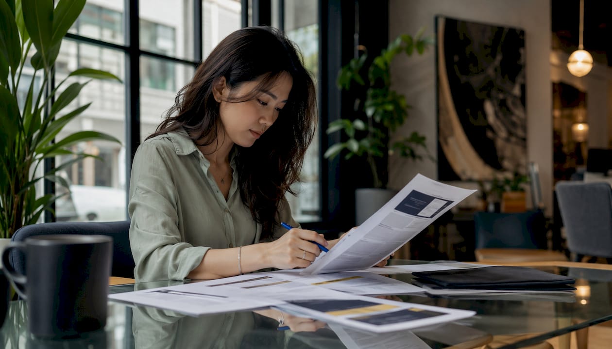 Woman reviewing real estate licensing paperwork