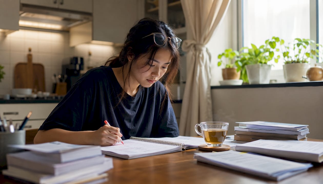 Candidate studying for RES exam at desk