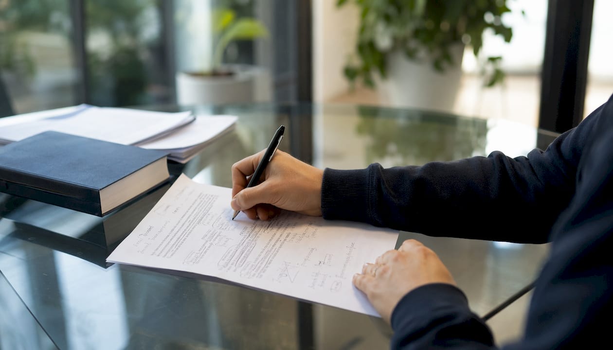 Hands filling mock RES exam paper in café
