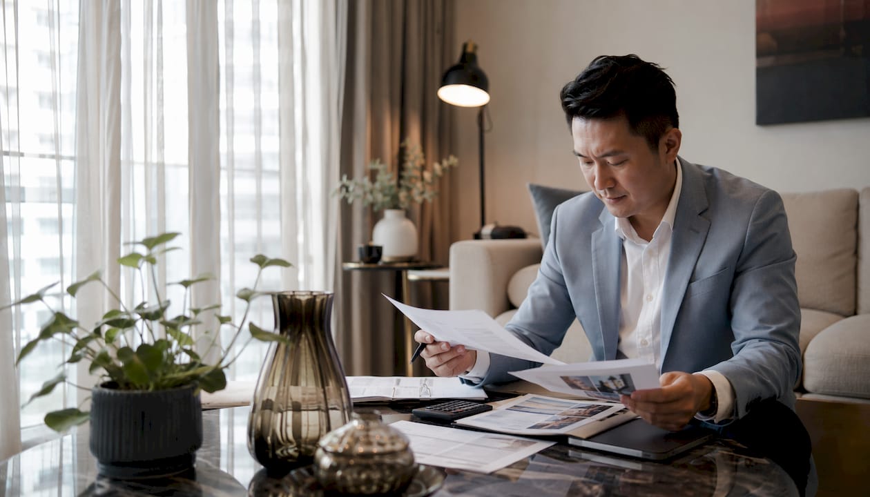 Real estate agent at desk reviewing income papers