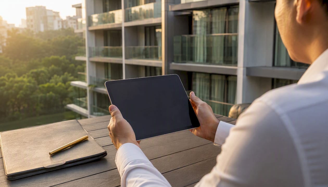 Agent holding tablet near Singapore condo exterior