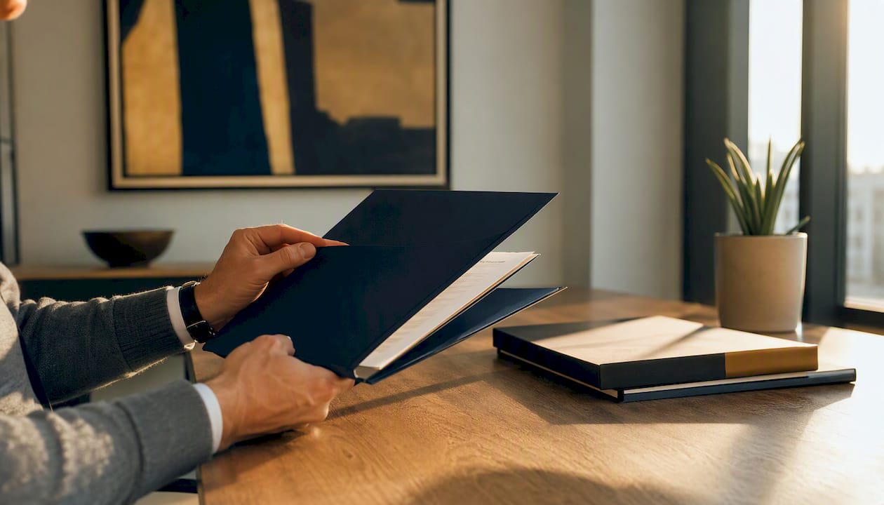 Hands adjusting portfolio in real estate office
