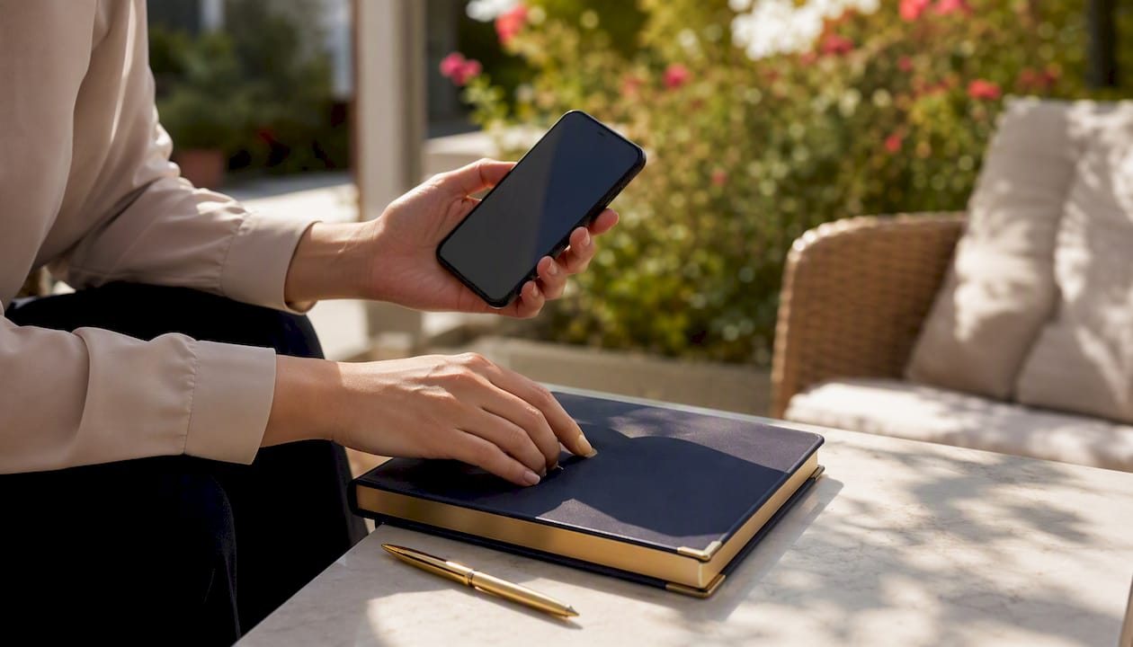 Real estate agent holding phone and notebook