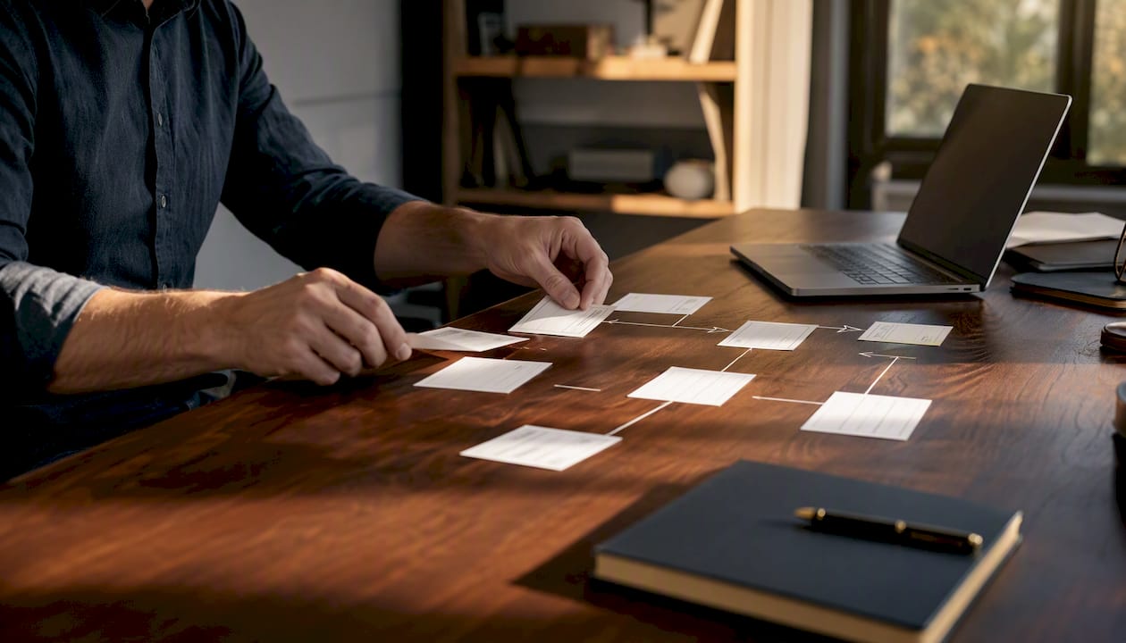 Hands arranging email sequence plans on desk