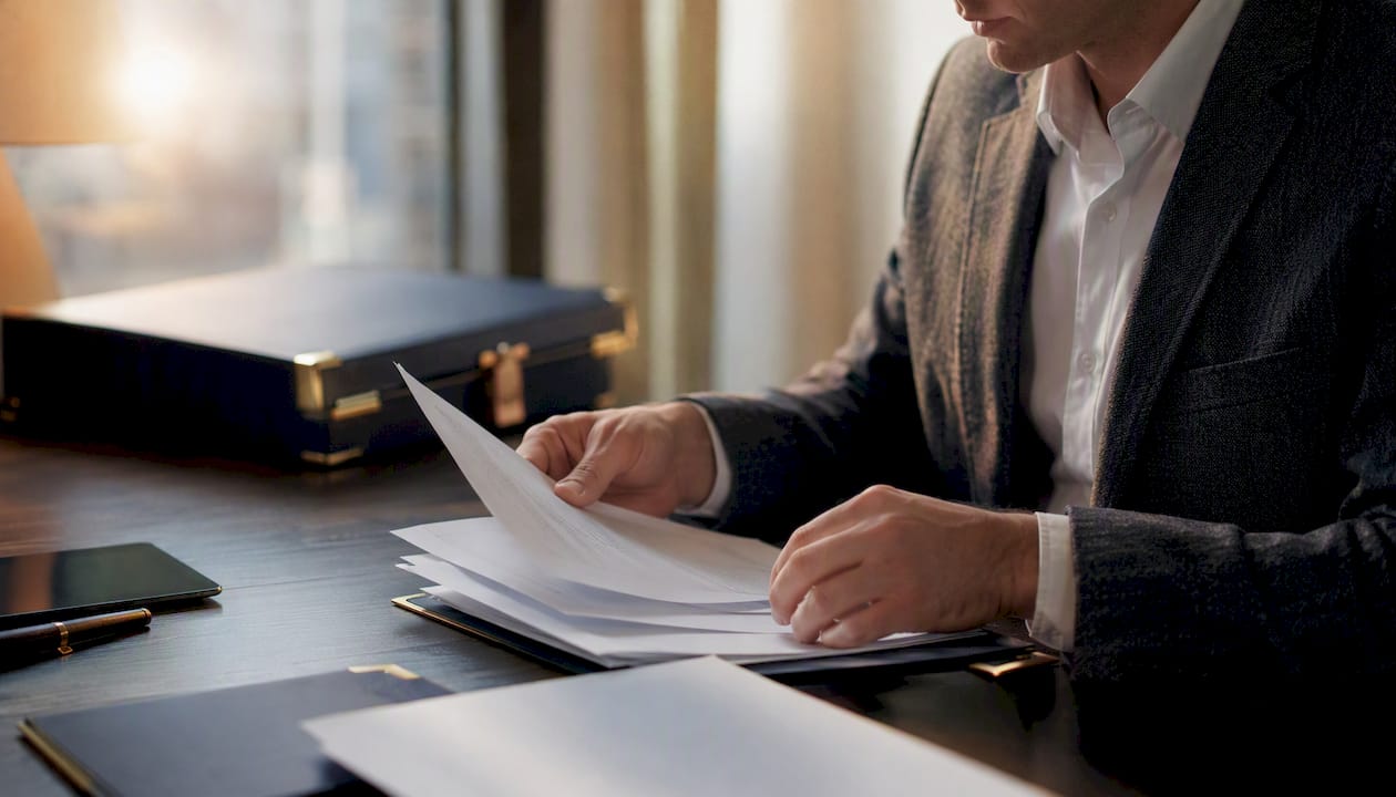Hands arranging licensing documents on office desk
