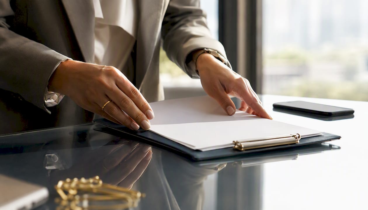 Hands arranging real estate review scorecard