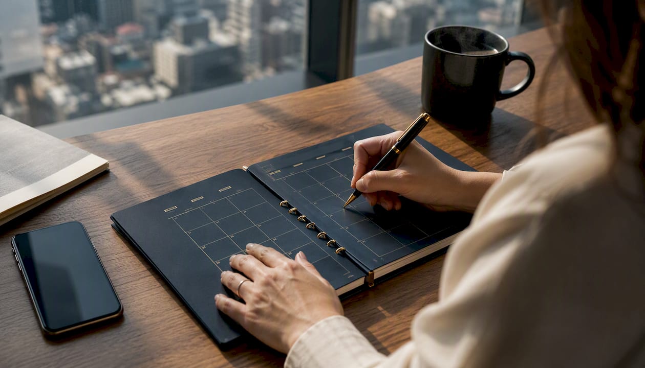 Hand marking coaching schedule in planner