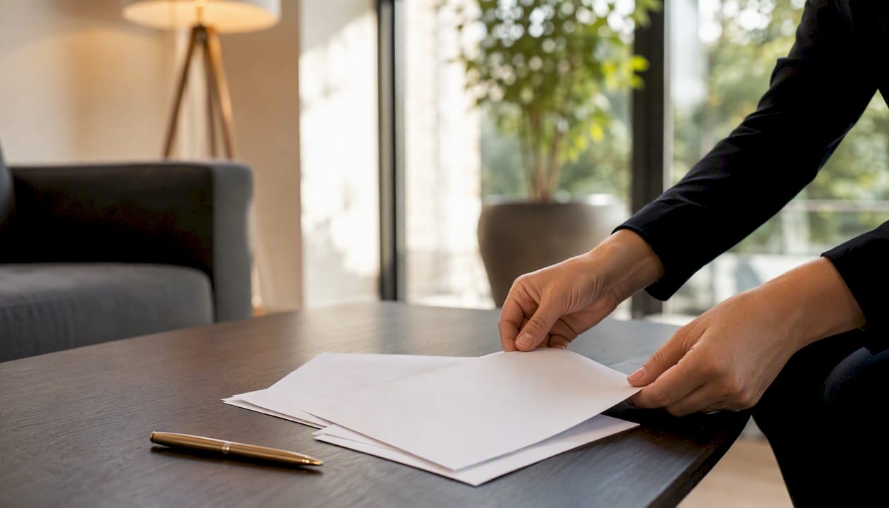 Agent's hands reviewing blank property documents