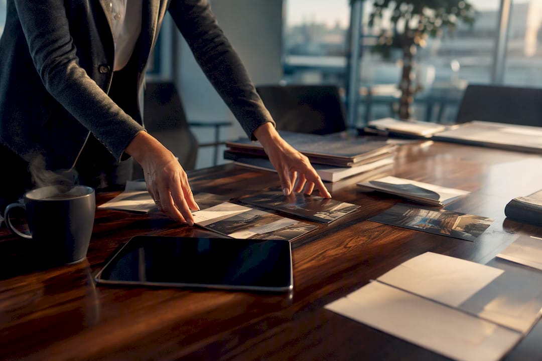 Hands arranging onboarding tools on table