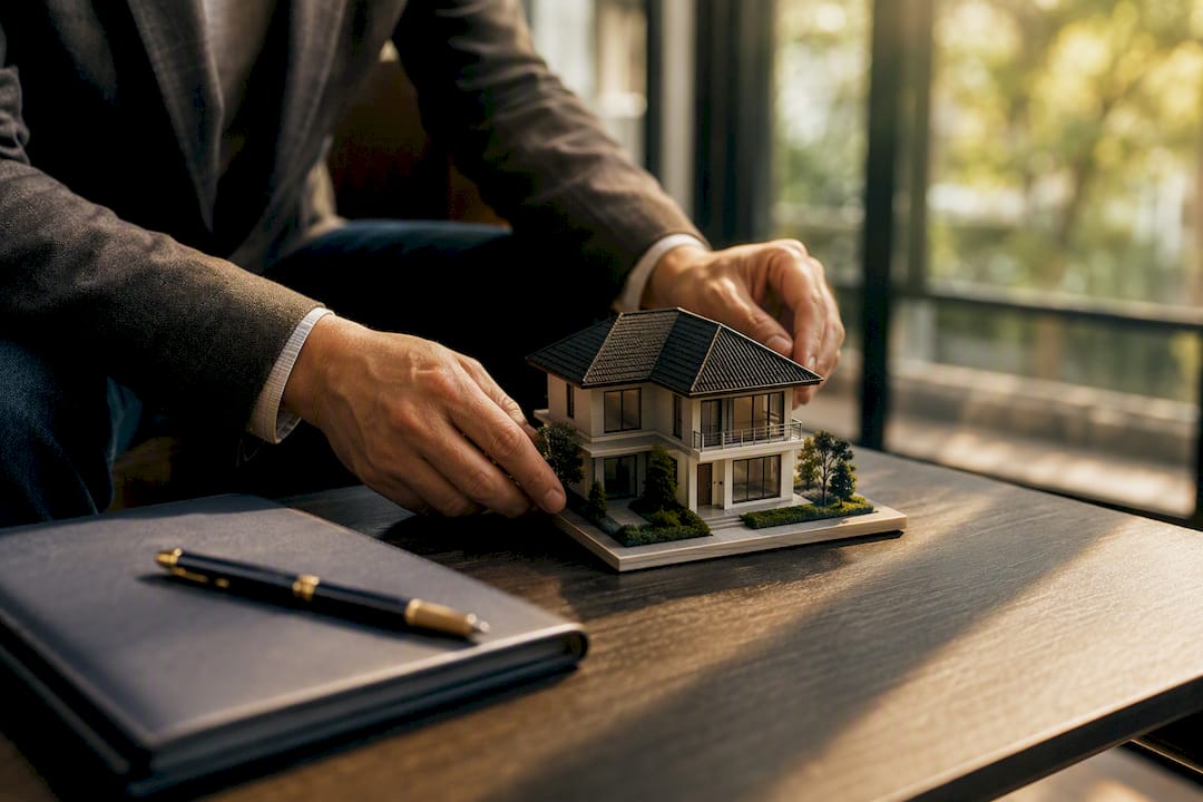 Hands adjusting model house on desk