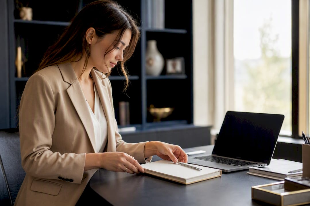 Hands arranging weekly planner on office desk