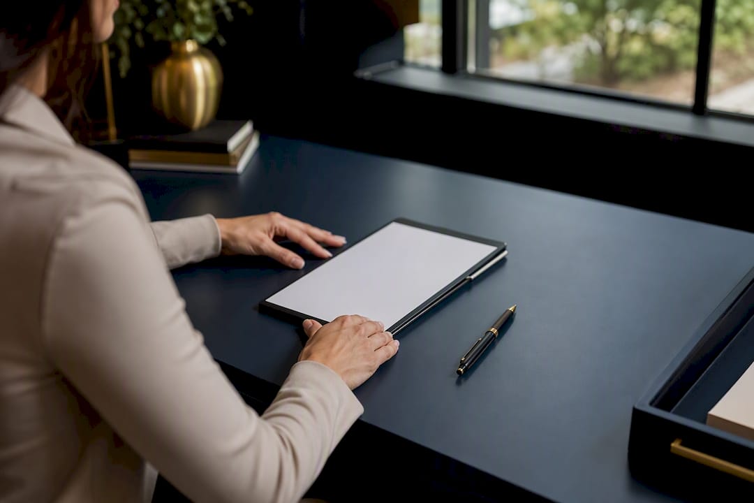 Hands arranging onboarding checklist on desk