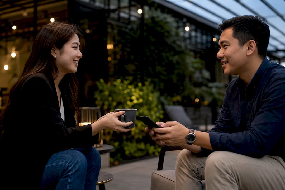 Hands exchanging coffee mug and phone in lounge