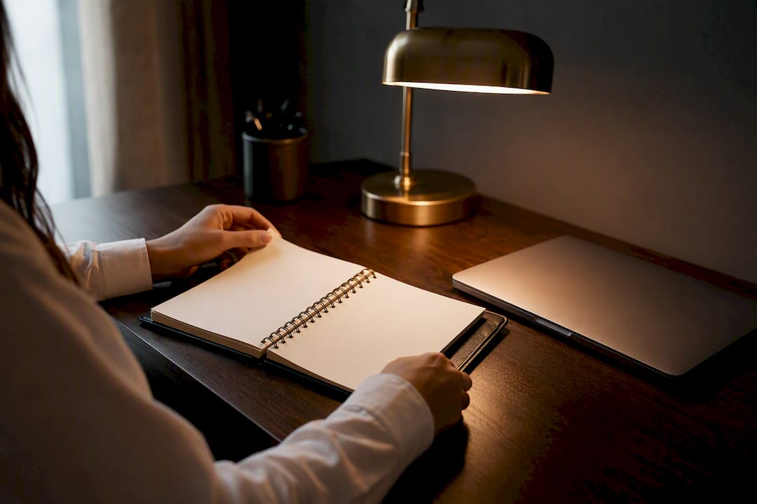 Hands organizing preparation materials on desk