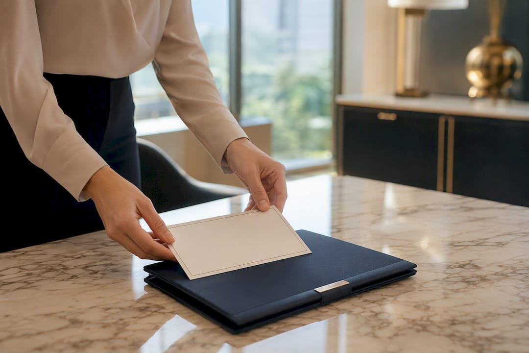 Hands placing certification documents on table