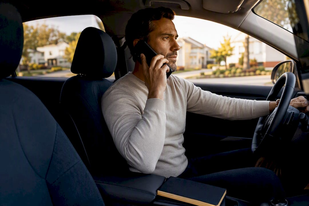 Agent making a prospecting call from parked car