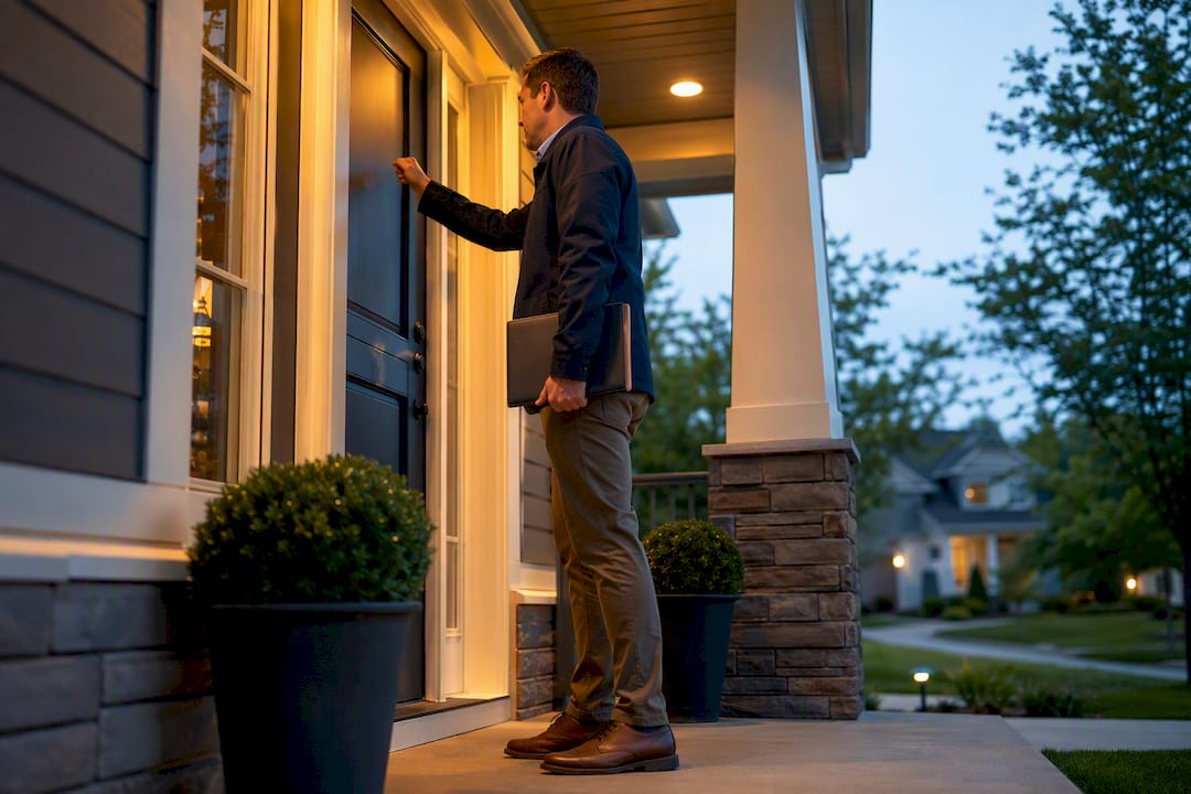 Agent respectfully knocking on residential door