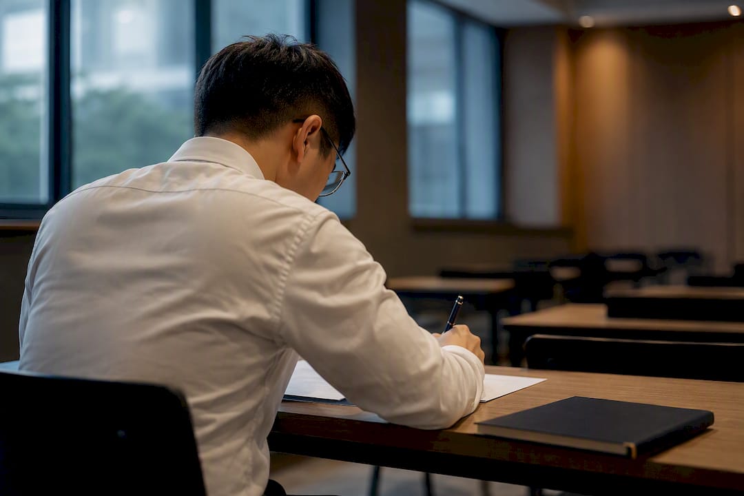 Candidate writing in RES examination venue
